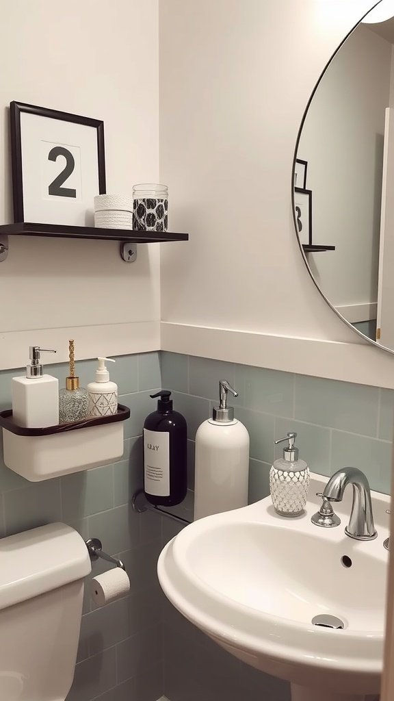 A small half bathroom with stylish accessories on a shelf, featuring modern decor and a clean look.