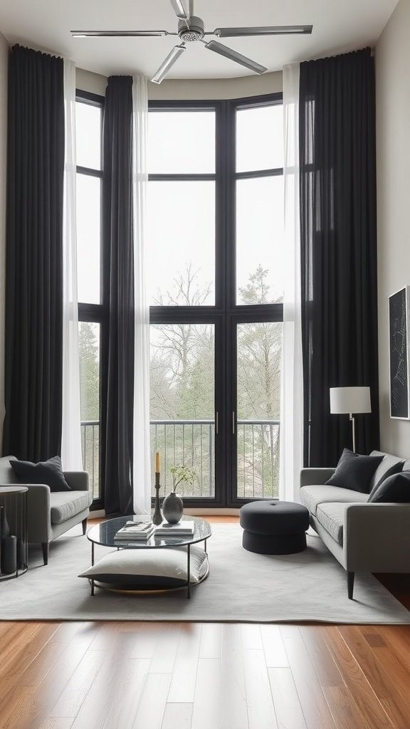 Stylish living room featuring black curtains, modern furniture, and a cozy atmosphere.
