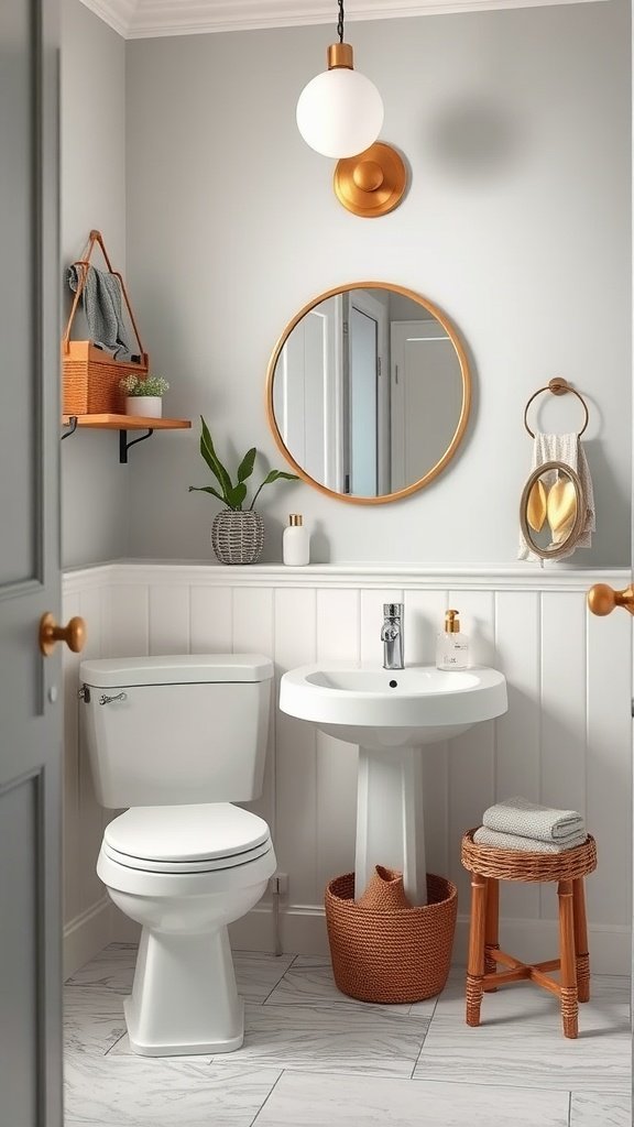 A modern half bathroom with soft gray walls, gold accents, and stylish decor.