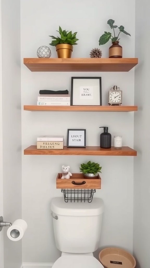 A stylish display of floating shelves in a half bath, decorated with plants, a clock, and framed quotes.