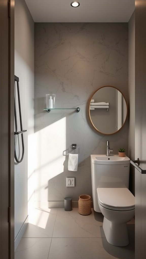 A chic minimalist half bathroom featuring a sleek toilet, a round mirror, and soft lighting.