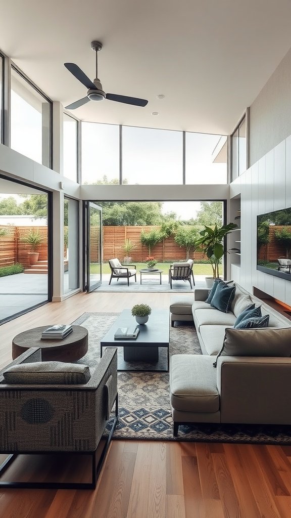 Minimalist transitional living room with a green sofa and large windows opening to an outdoor area.