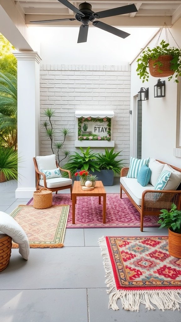 A cozy patio setup featuring patterned outdoor rugs and comfortable seating.
