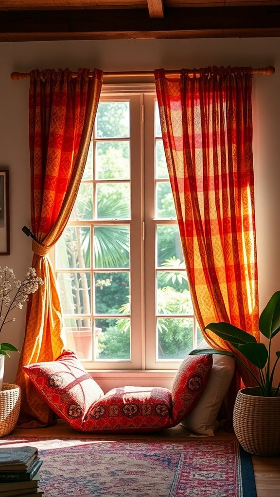 A vibrant window with patterned curtains and colorful cushions, showcasing a boho living room style.