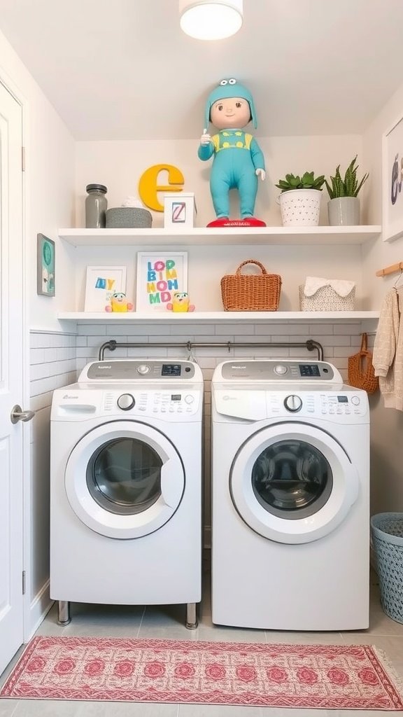 Child-friendly laundry room with stacked washer and dryer, playful decor, and bright colors.