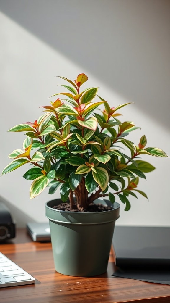 A vibrant Chinese Evergreen plant in a pot on a desk.