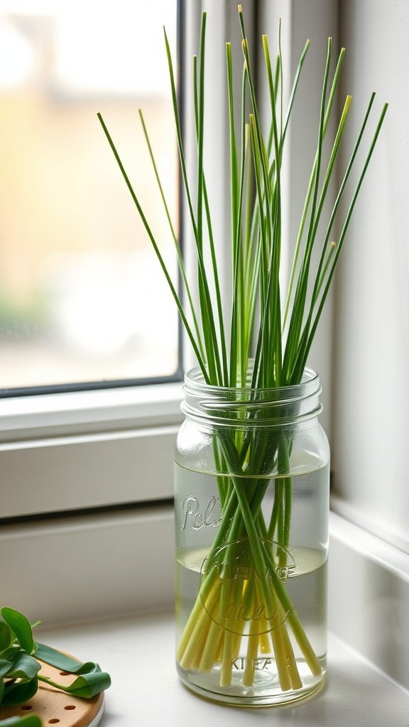 A jar filled with fresh chives growing in water, placed by a sunny window.