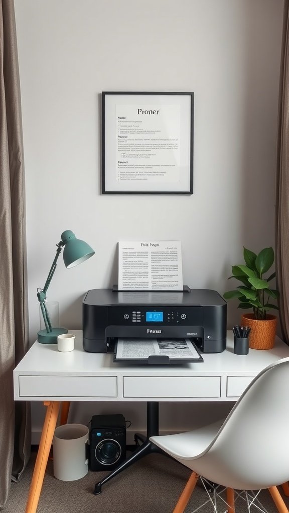 A compact printer on a desk in a modern home office setup.