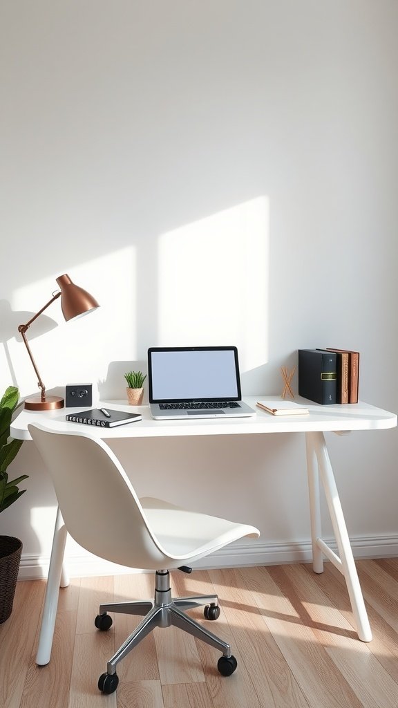 A minimalist home office setup featuring a sleek white desk with a laptop, lamp, and decorative items.