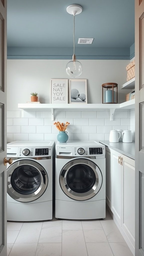 Stylish laundry room featuring a blue ceiling, white cabinetry, and rose gold accents on appliances.