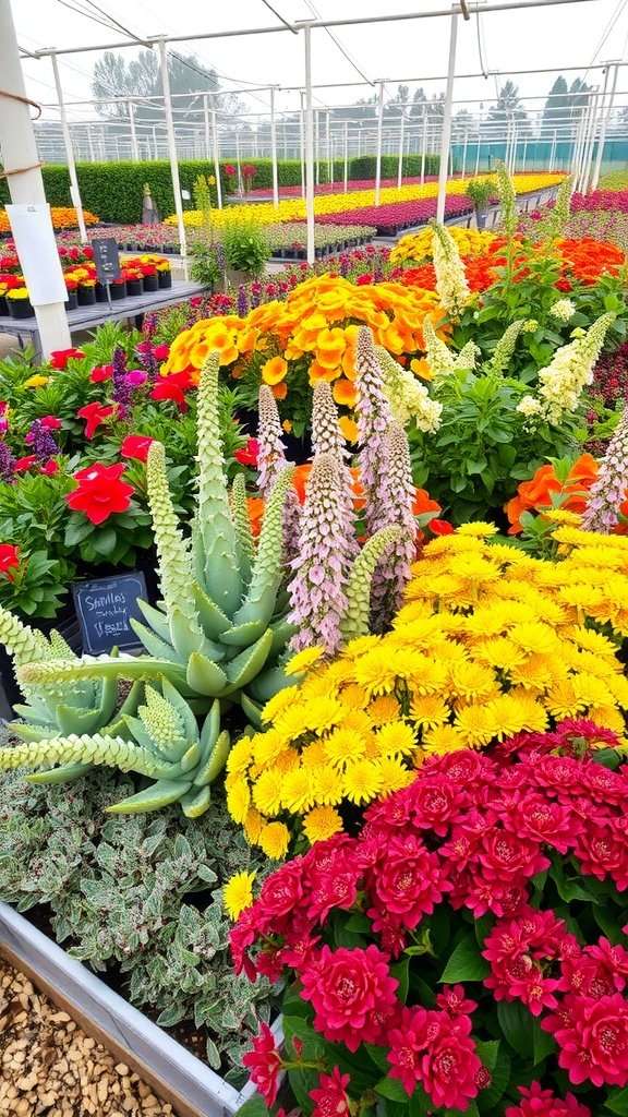 A colorful display of various drought-tolerant plants and flowers in a greenhouse.