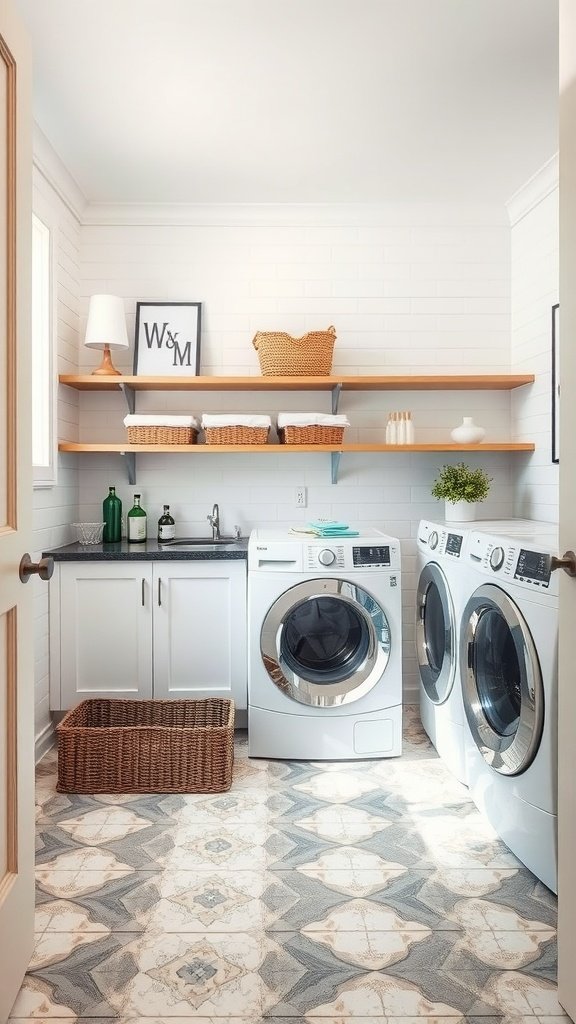 Durable flooring in a stylish laundry room with a washer and dryer.