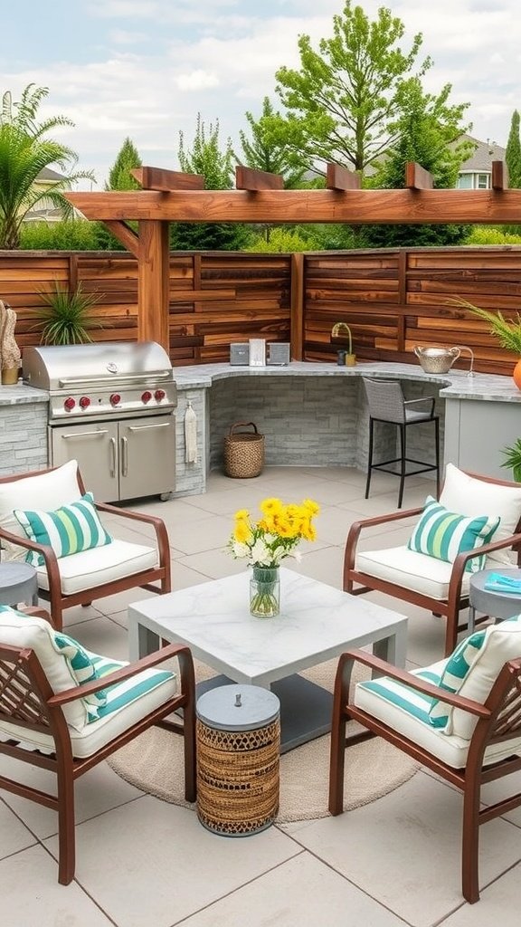 A stylish outdoor kitchen setup with cozy furniture and a grill.