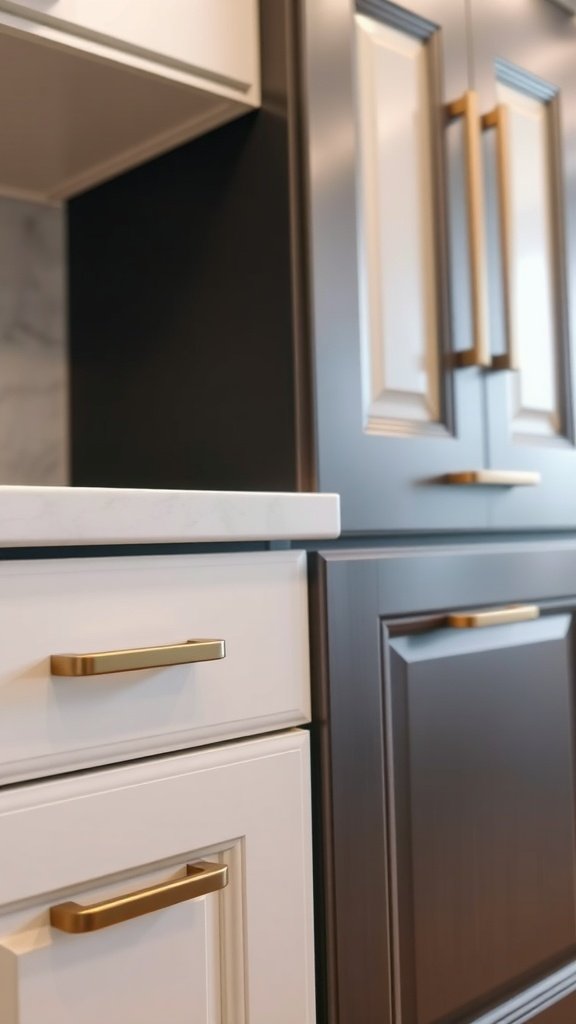 Close-up view of two-tone kitchen cabinets featuring white lower cabinets and dark upper cabinets with gold hardware.