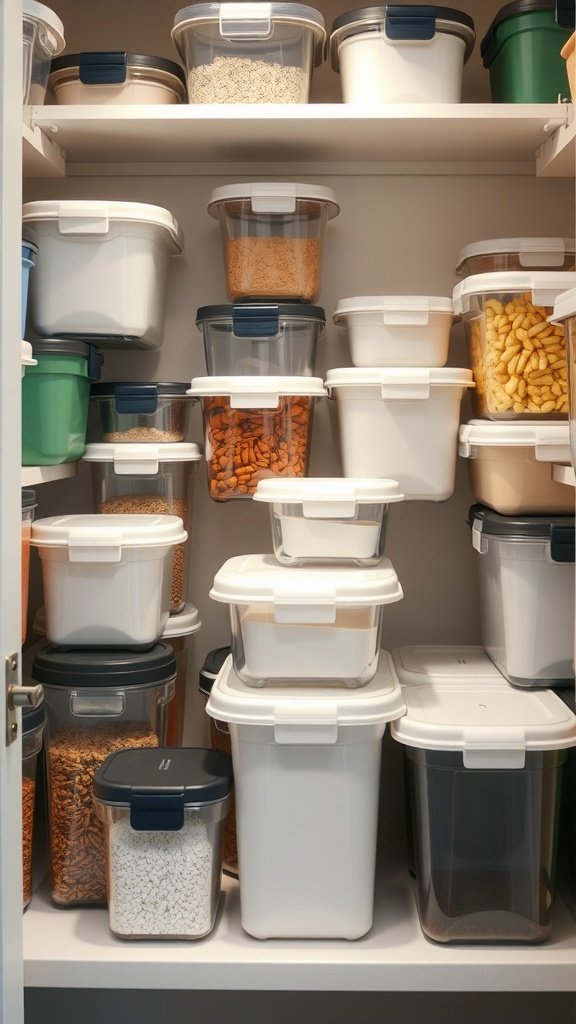 Organized pantry with various storage containers neatly arranged on shelves.