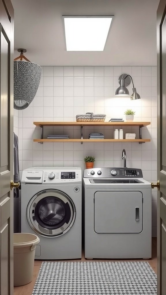 A stylish small laundry room featuring a rose gold washer and dryer, wood shelves, and contemporary lighting.