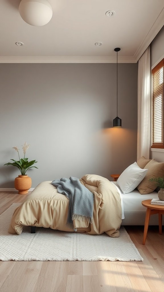 A cozy bedroom with a neutral color scheme, featuring a bed with soft bedding, a small plant, and warm lighting.