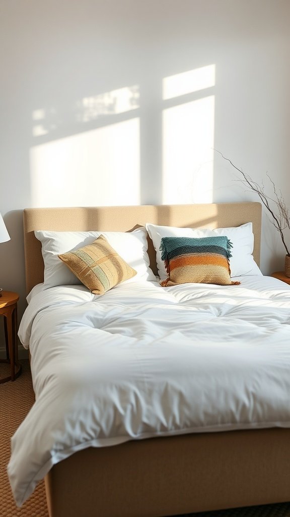 Cozy bed with white duvet and colorful throw pillows, reflecting a warm and inviting bedroom design.