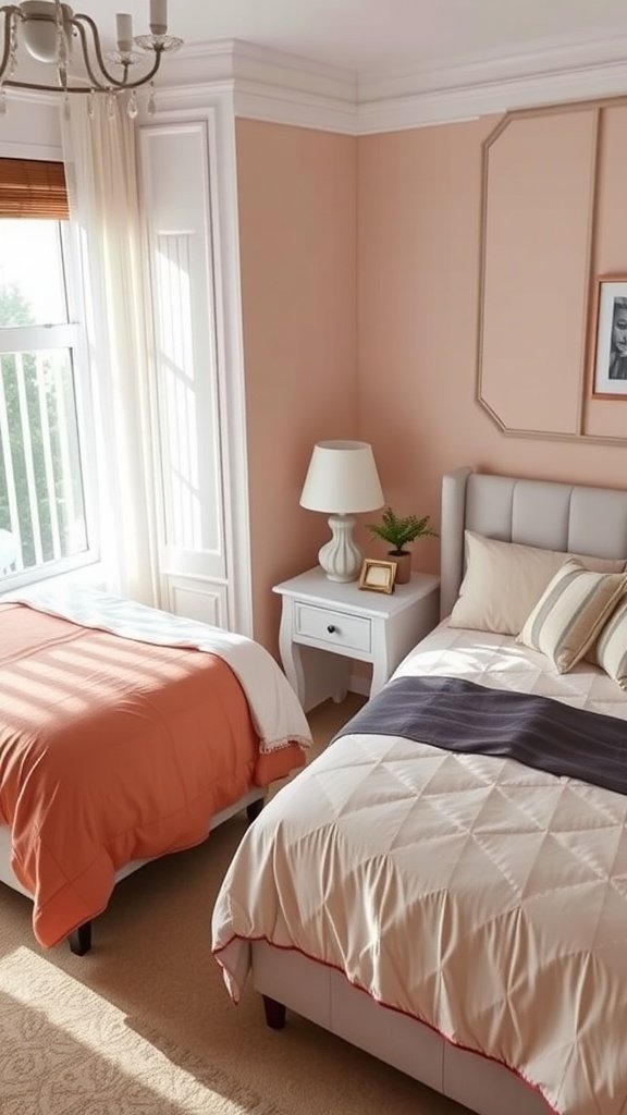 A cozy bedroom featuring two different beds with matching bedding, suitable for shared room inspirations.