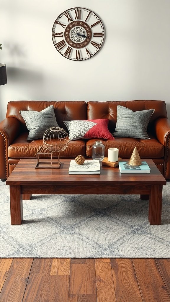 A cozy living room with a brown leather couch and wooden coffee table, featuring decorative items.