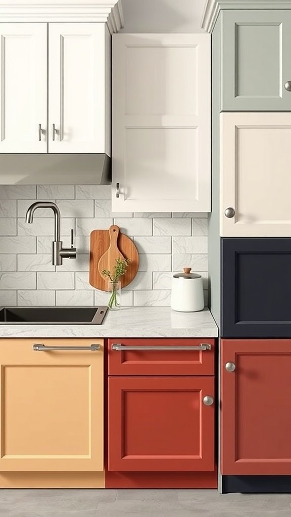 A modern kitchen with two-tone cabinets featuring tan lower cabinets and white upper cabinets.