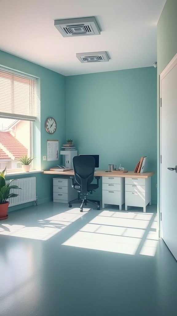 Bright and inviting small home office with soft teal walls and a well-organized desk