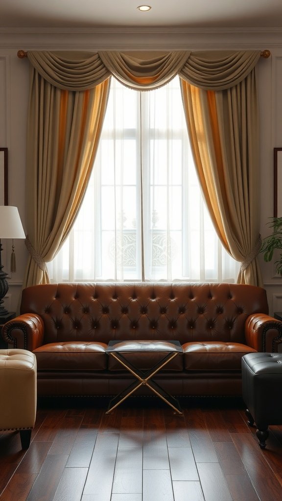 A beautifully styled living room featuring a brown leather couch with elegant curtains.
