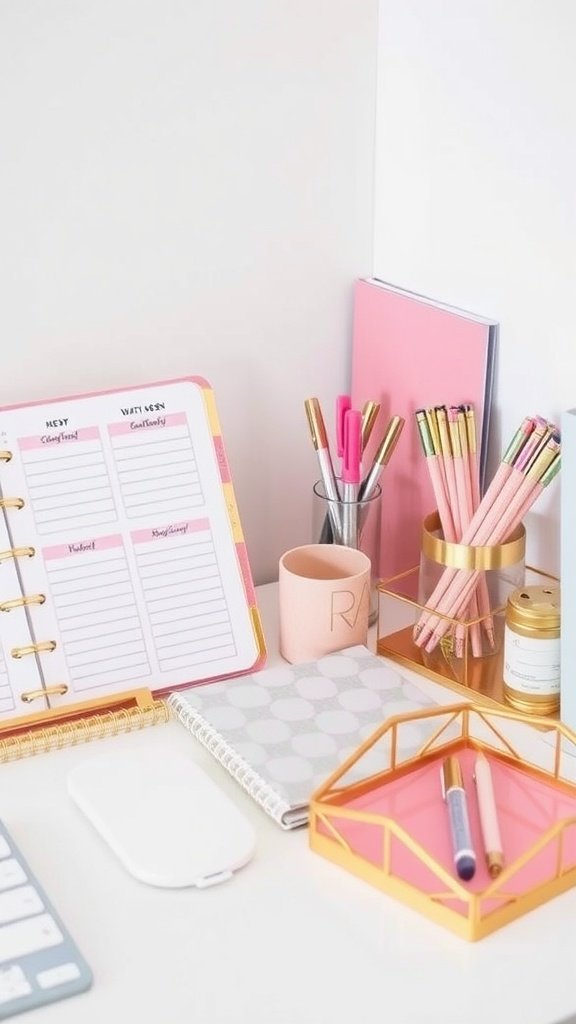 A feminine home office desk with colorful planners, pens, and decorative accessories.