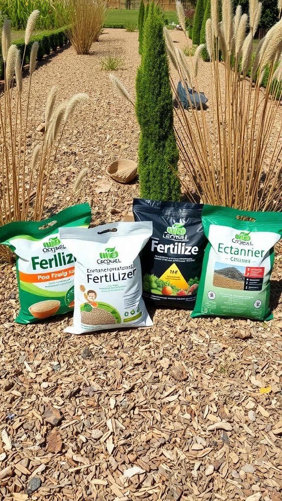 Bags of fertilizers displayed in a dry garden setting with decorative plants.