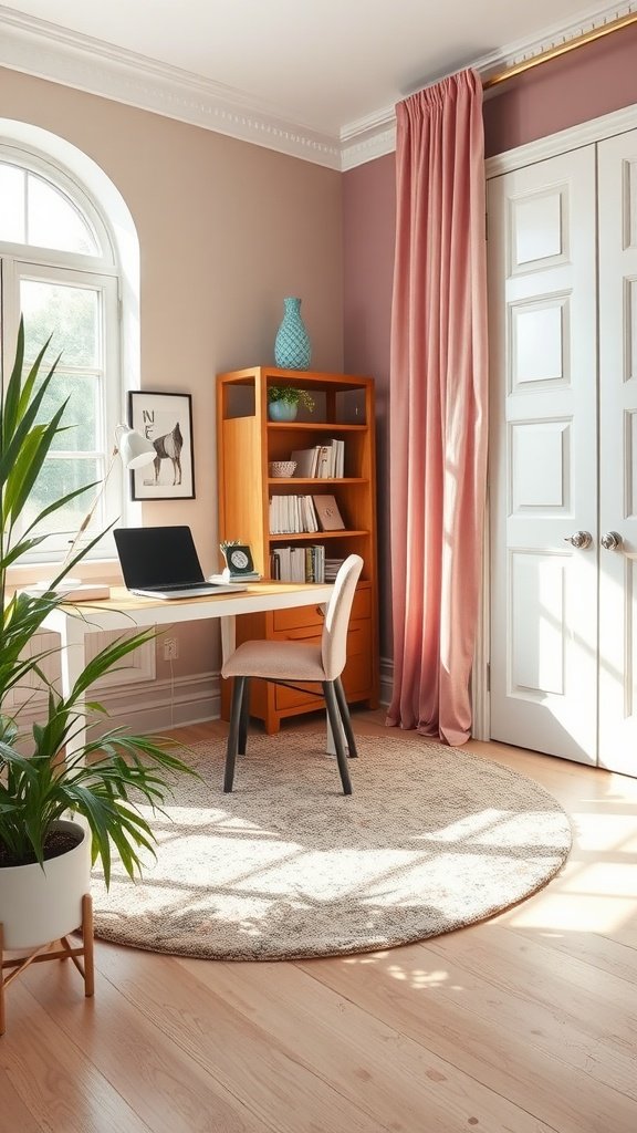 A stylish feminine home office with a cozy rug, desk, and plants.