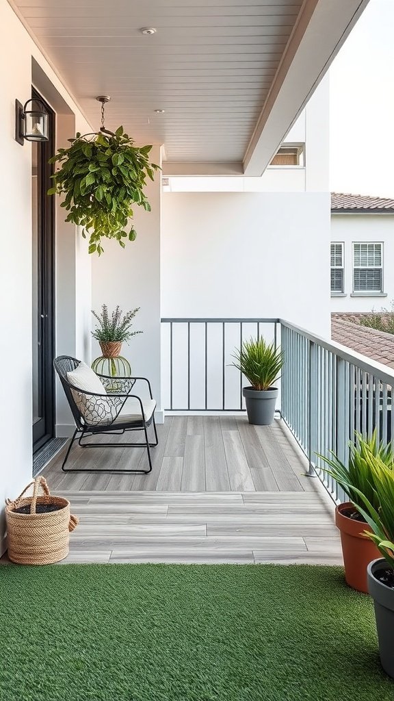 Cozy balcony with wooden flooring, a hanging plant, and comfortable seating.