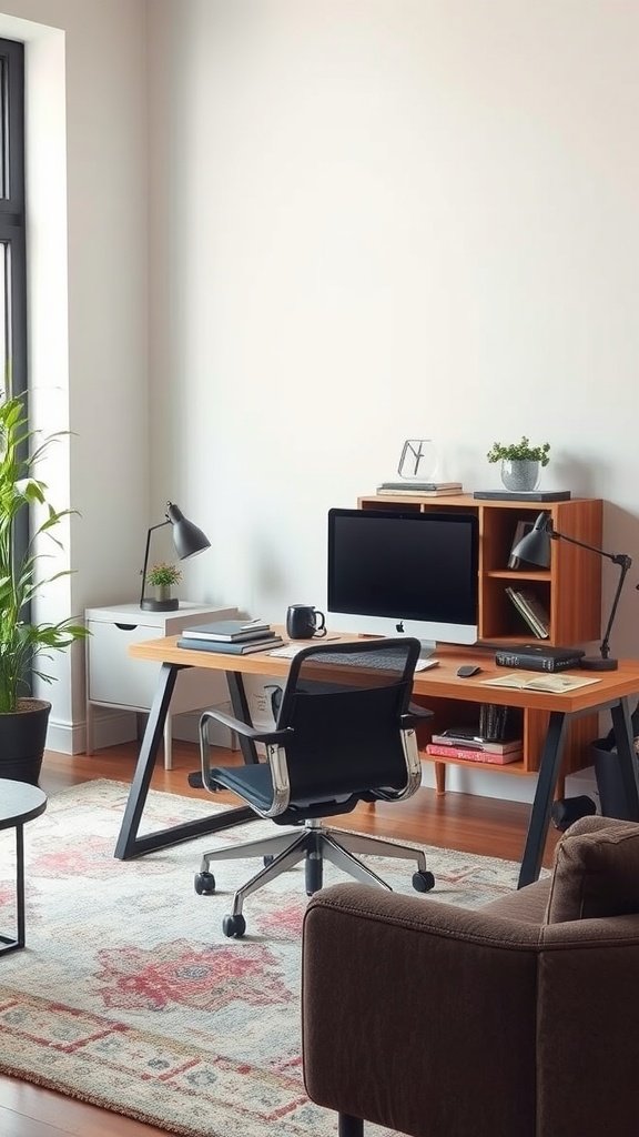 A modern office setup featuring a dresser computer desk in a living room with a cozy vibe.
