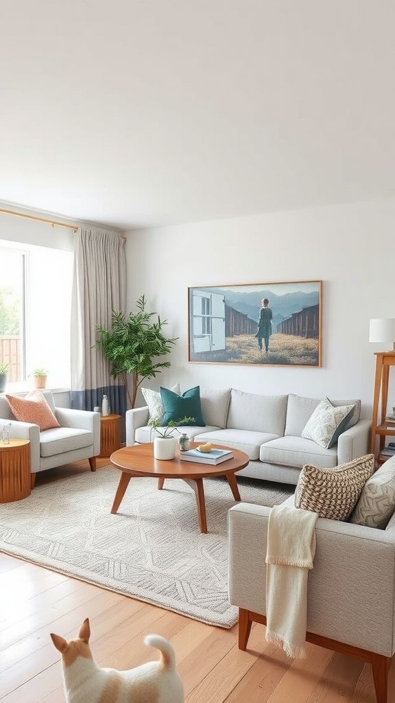 A cosy living room with light-colored sofas, a coffee table, and a plant.