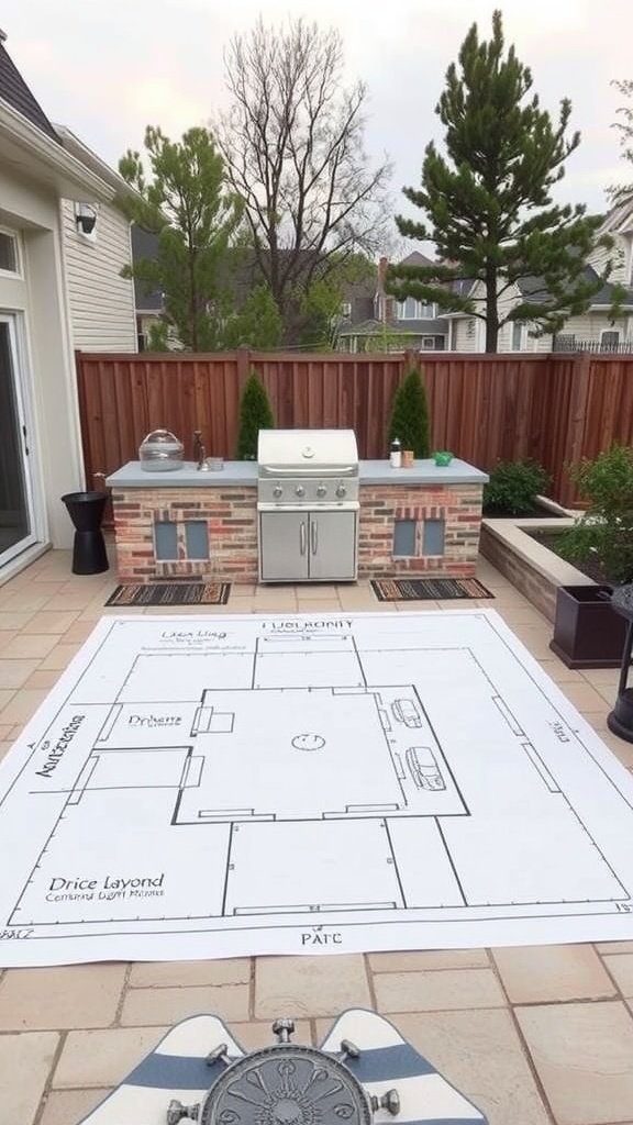 A layout plan for an outdoor kitchen featuring a grill and prep area.