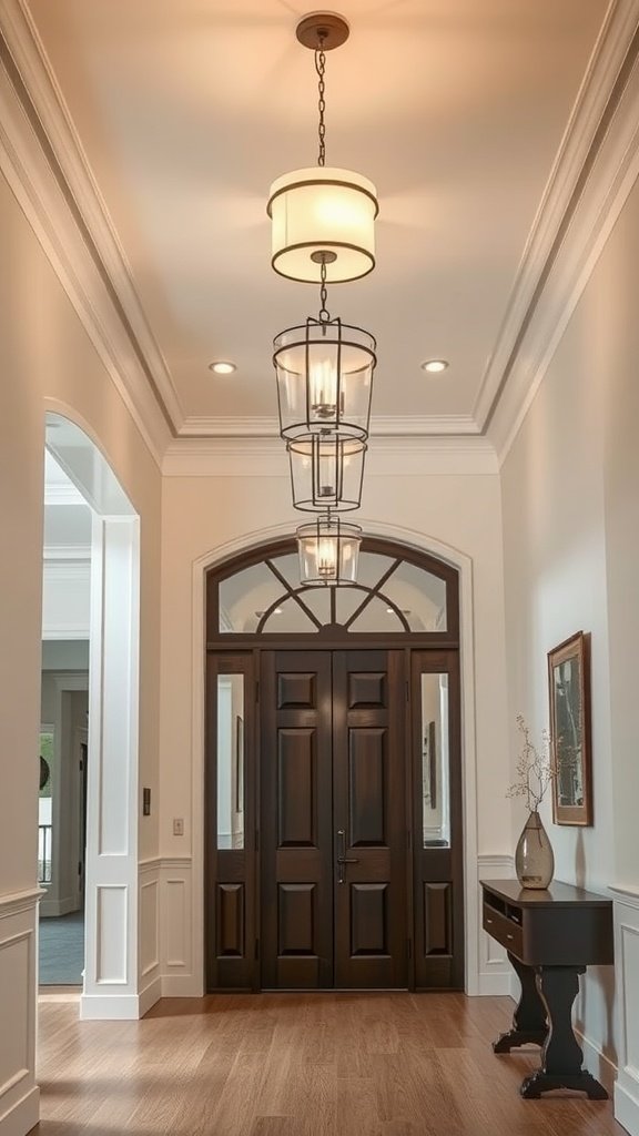 Stylish entryway with chandeliers and natural light