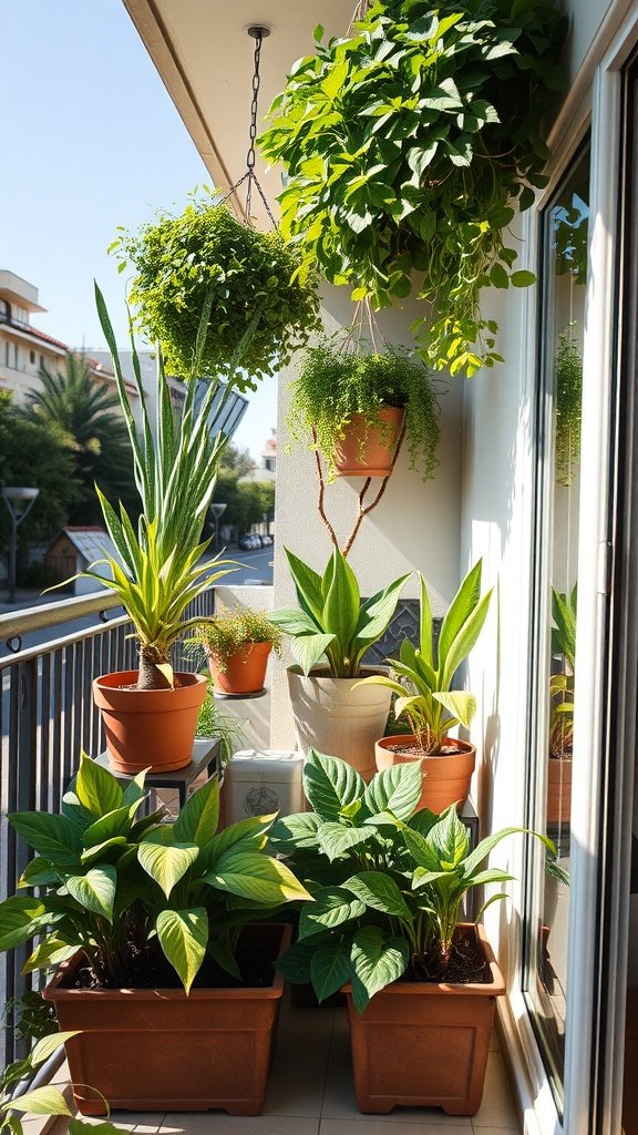 A vibrant balcony garden featuring various potted plants under sunlight.