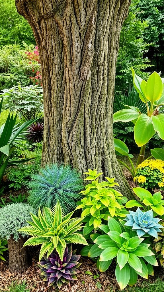 Colorful plants surrounding a tree, showcasing landscaping ideas.