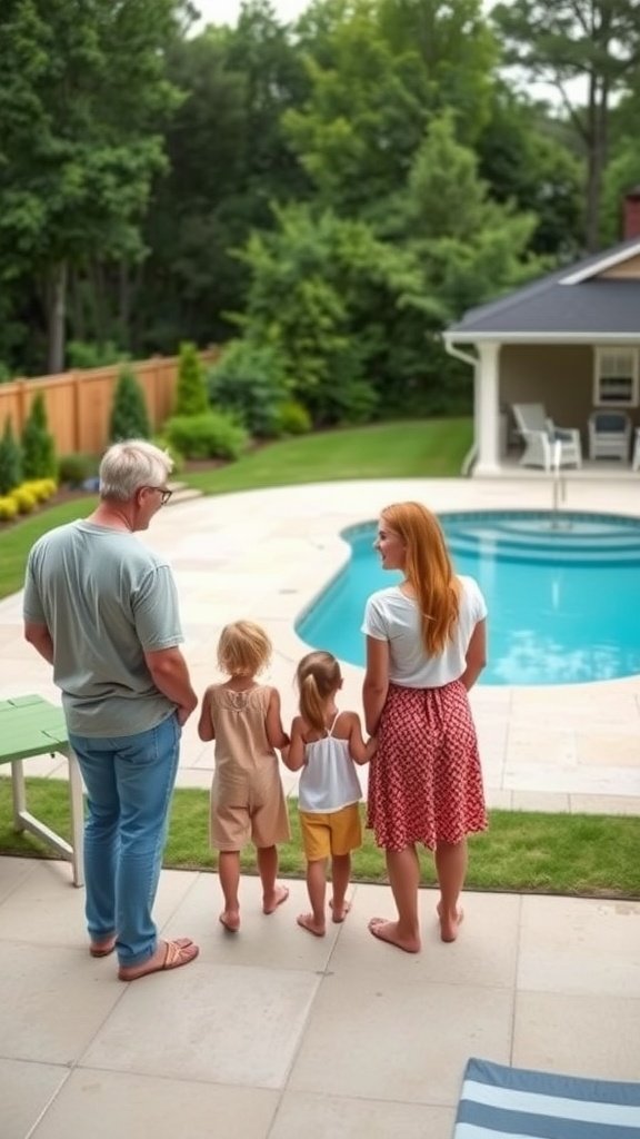 A family looking at a backyard swimming pool.