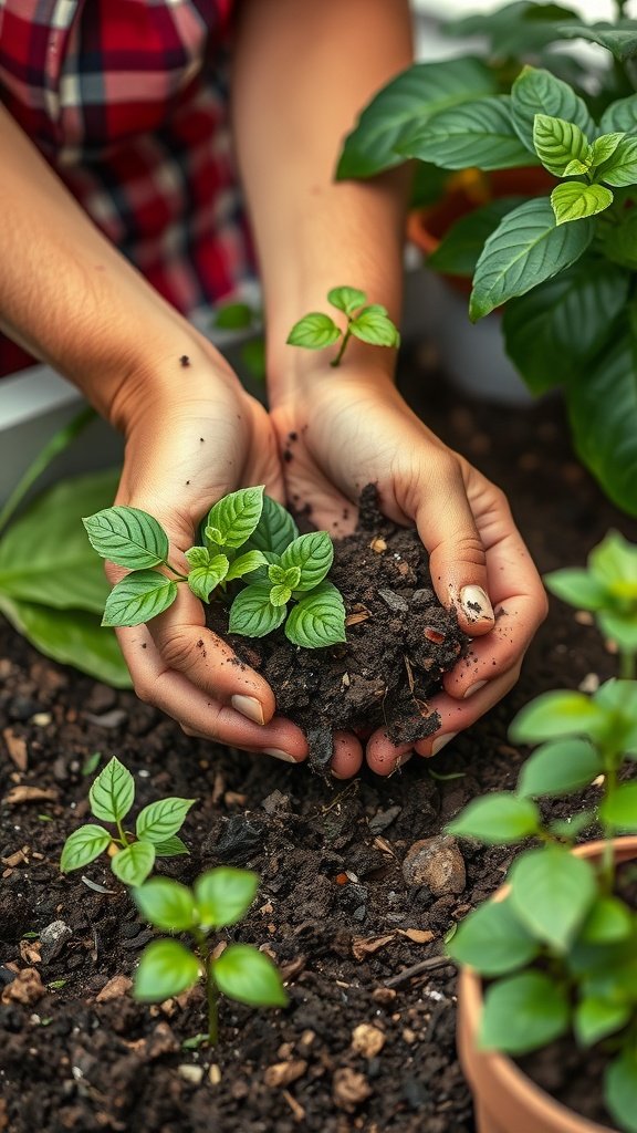Hands holding soil and young plants in a container garden
