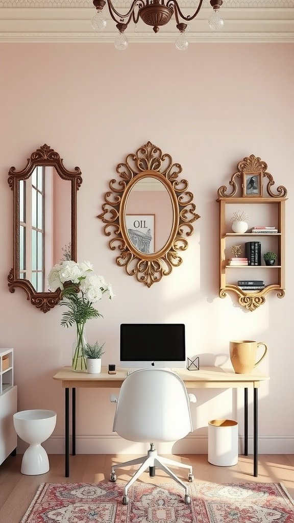 A feminine home office featuring elegant wall decor, including vintage mirrors and stylish shelves.