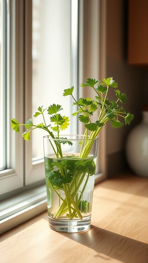 A glass of cilantro stems growing in water on a kitchen countertop.
