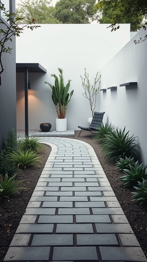A winding cinder block path surrounded by greenery.