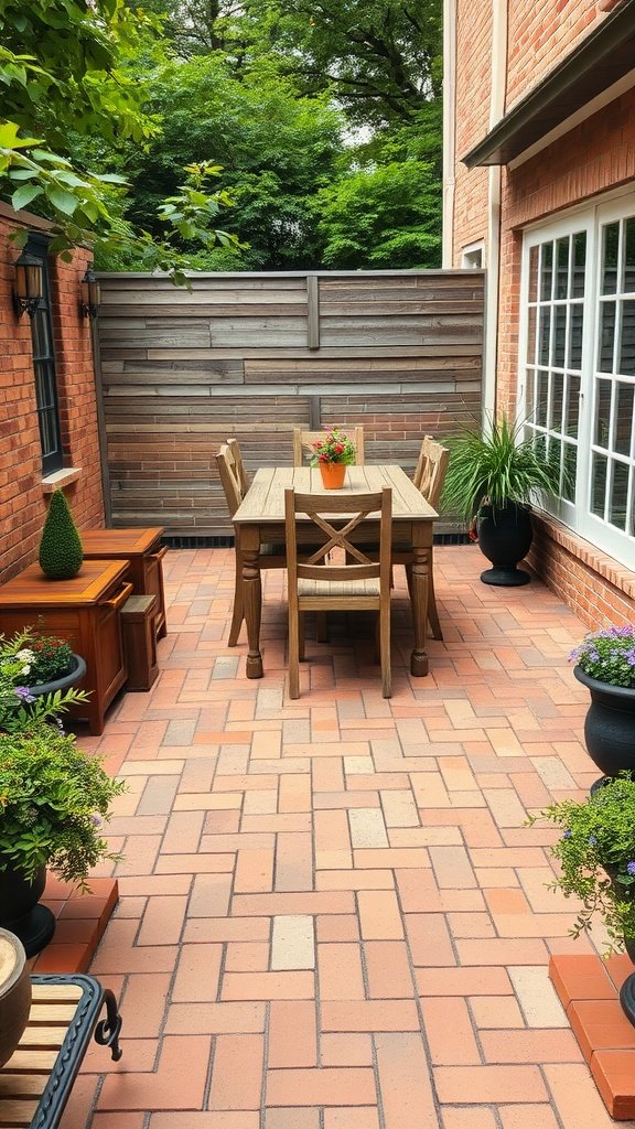 A cozy patio area featuring classic brick pavers, surrounded by greenery and a wooden dining set.