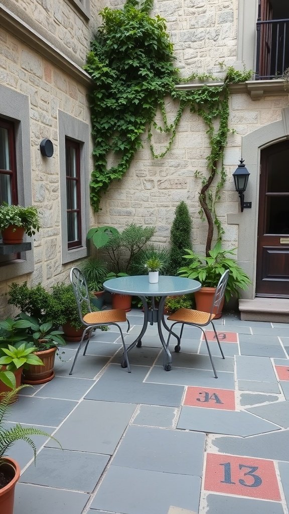 A charming stone patio with a round table and two chairs, surrounded by green plants and stone walls.