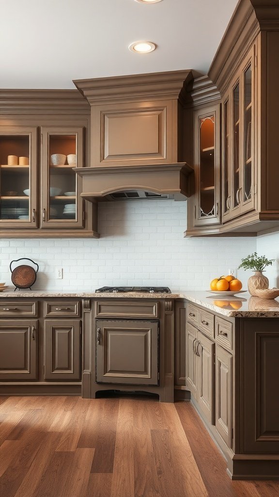 A kitchen featuring tan lower cabinets and white upper cabinets, showcasing a classic two-tone cabinetry style.