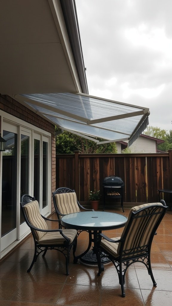 A patio with a clear vinyl awning and outdoor furniture.