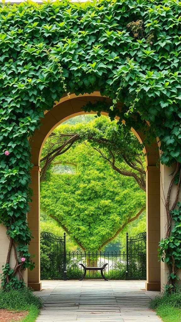 A beautiful arched seating area covered with climbing vines, leading to a peaceful garden space.