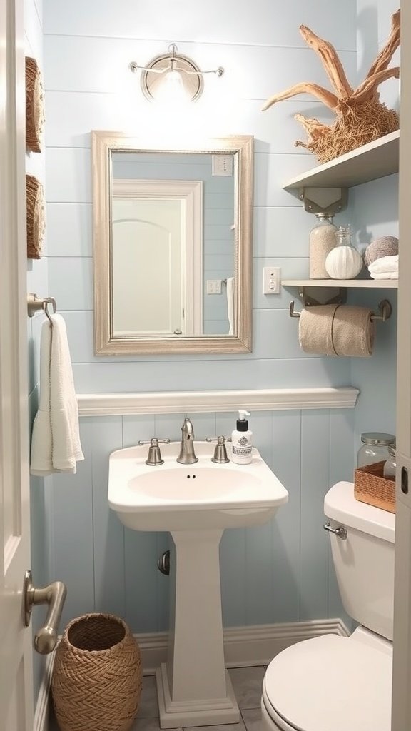 A beautifully remodeled half bathroom featuring light blue walls, a sleek sink, and nautical decor.