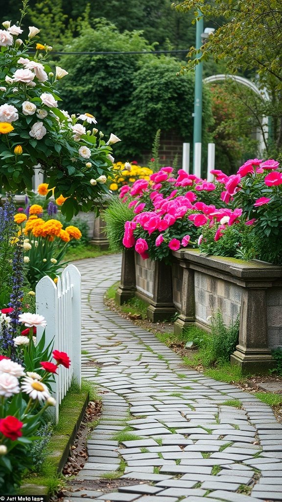 A beautifully landscaped garden with a cobbled stone pathway surrounded by colorful flowers.