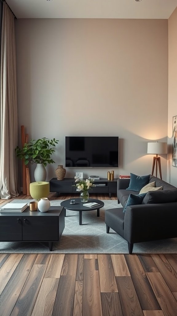 A stylish living room with dark furniture, light walls, and a cozy vibe.